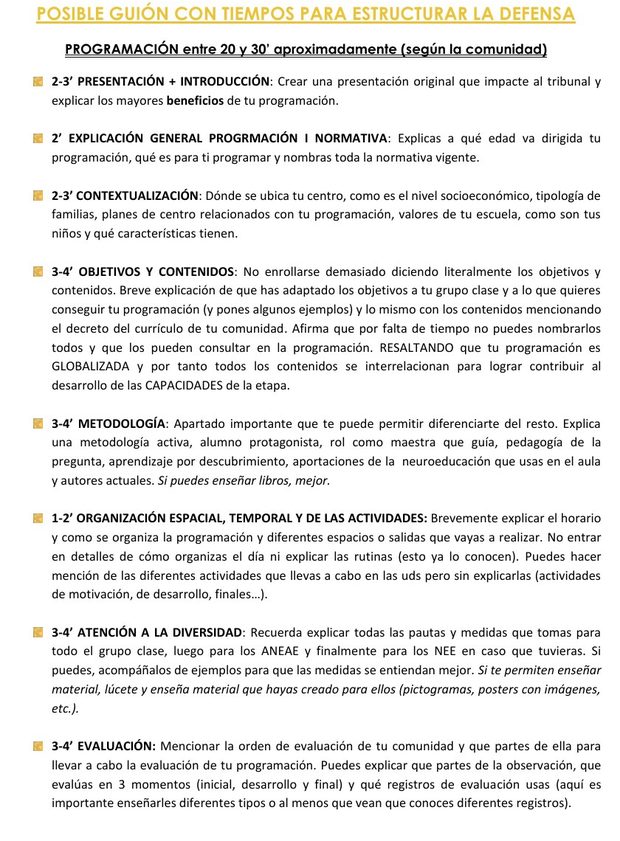 Guion con los tiempos de cada apartado de la defensa de la programación