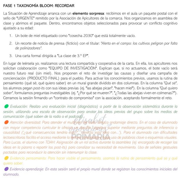 Página de una resolución: elemento sorpresa, actividades y las evidencias marcadas por colores