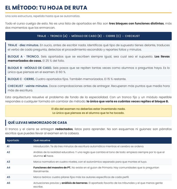 Página del método: triaje, tronco, módulo de caso, cierre y checklist