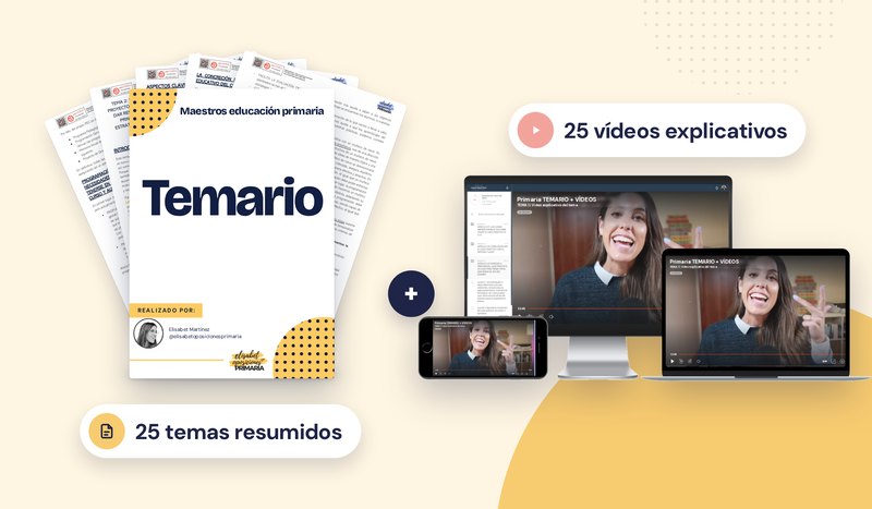 Temario de Maestros de Educación Primaria con las portadas de los temas y la plataforma con los vídeos explicativos en ordenador, portátil y móvil