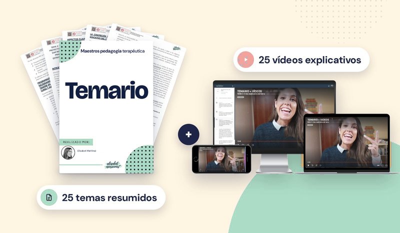 Temario de oposiciones de Pedagogía Terapéutica con las portadas de los temas y la plataforma con los vídeos explicativos en ordenador, portátil y móvil