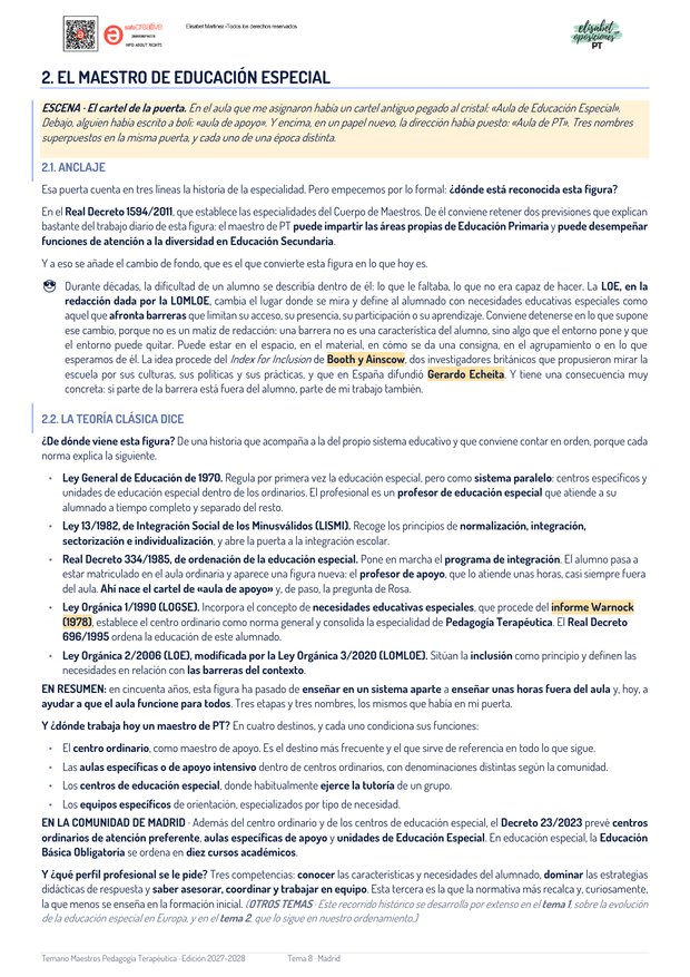 Página real del Tema 8 del temario de Pedagogía Terapéutica: escena de aula y párrafo comodín