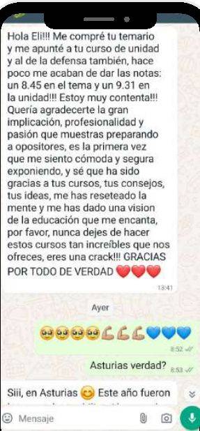 Mensaje de Laura (Asturias) con su nota: 8,45 y 9,31