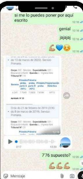 Mensaje de Lucía (Galicia) con su nota: 7,6640 y 7,9