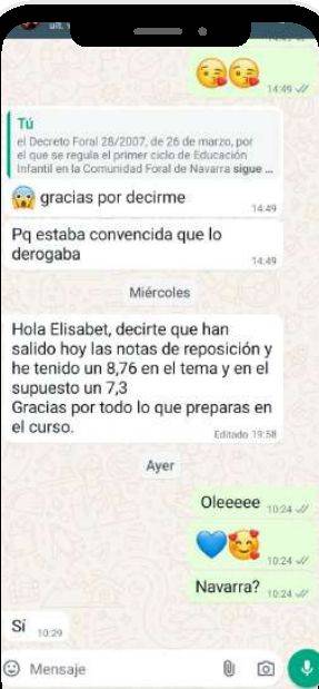 Mensaje de Sandra (Navarra) con su nota: 8,76 y 7,3
