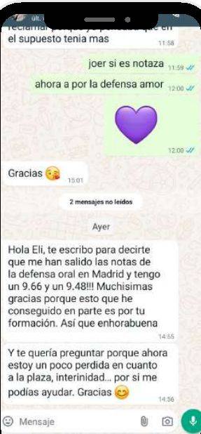 Mensaje de Paola (Madrid) con su nota: 9,66 y 9,48