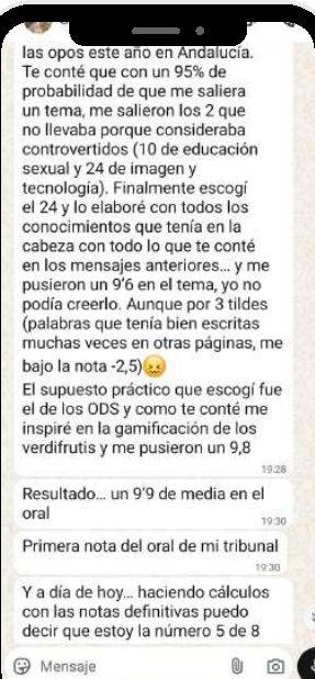 Mensaje de Sara (Andalucía) con su nota: 9,6 y 9,8