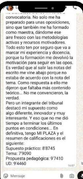 Mensaje de Laura (Andalucía) con su nota: sacó plaza