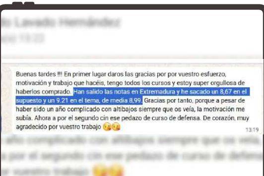 Mensaje de Marta (Extremadura) con su nota: 8,67 supuesto y 9,21 tema