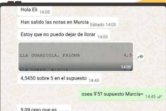 Mensaje de Paloma (Murcia) con su nota: 9,09 supuesto