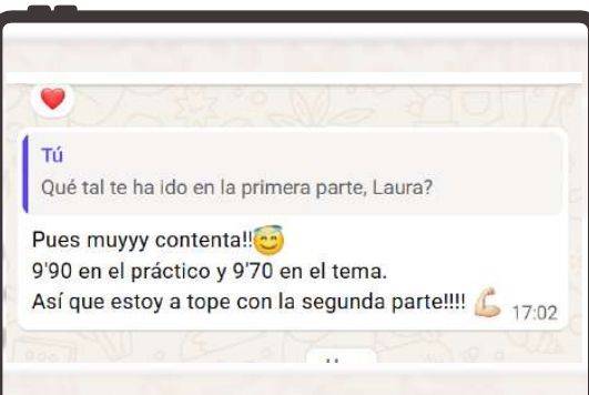 Mensaje de Laura (Madrid) con su nota: 9,90 supuesto y 9,70 tema