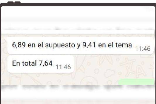 Mensaje de Laura (Madrid) con su nota: 6,89 supuesto y 9,41 tema
