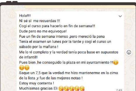 Mensaje de Esther (Castilla-La Mancha) con su nota: sacó plaza en su ayuntamiento