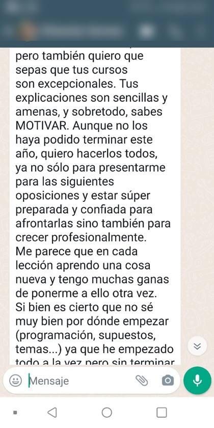 Mensaje real de una alumna sobre la formación