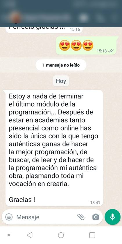 Mensaje real de una alumna sobre la formación
