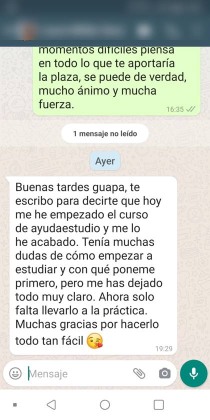 Mensaje real de una alumna sobre la formación