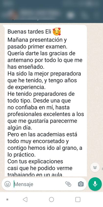 Mensaje real de una alumna sobre la formación