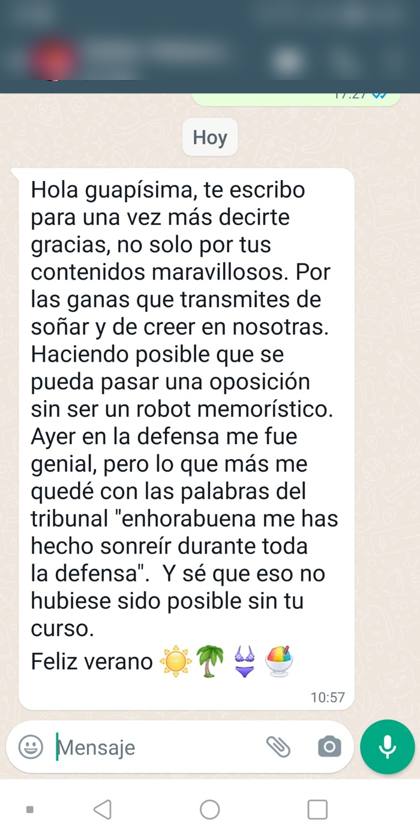 Mensaje real de una alumna sobre la formación