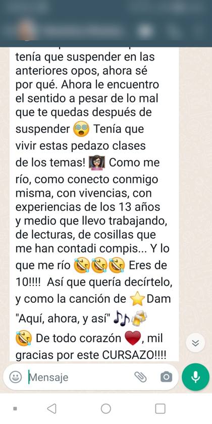 Mensaje real de una alumna sobre la formación