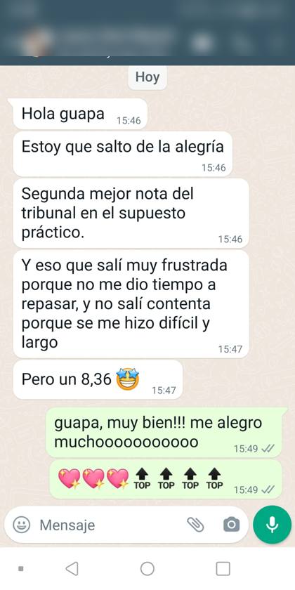Mensaje real de una alumna sobre la formación