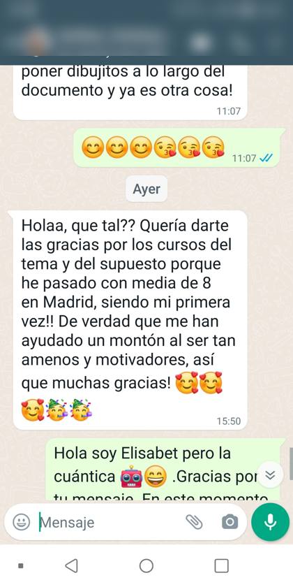Mensaje real de una alumna sobre la formación